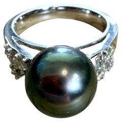 Tahitian Black Pearl and Diamond Cocktail Ring in 18k White Gold