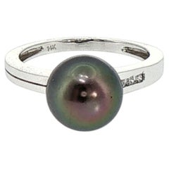 Tahitian Black Pearl Solitaire Ring in 14k White Gold with Diamonds