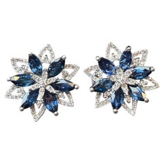 Royal Blue Sapphire and Diamond Floral Cluster Earrings in 18k White Gold