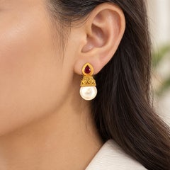 22k Yellow Gold South Sea Pearl and "Pigeon Blood Colored" Ruby Drop Earrings