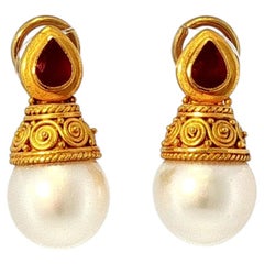 22k Yellow Gold South Sea Pearl and "Pigeon Blood Colored" Ruby Drop Earrings