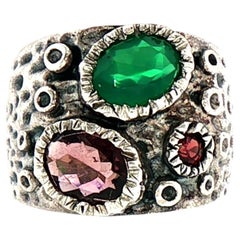 Textured Sterling Silver Emerald, Amethyst and Garnet Ring