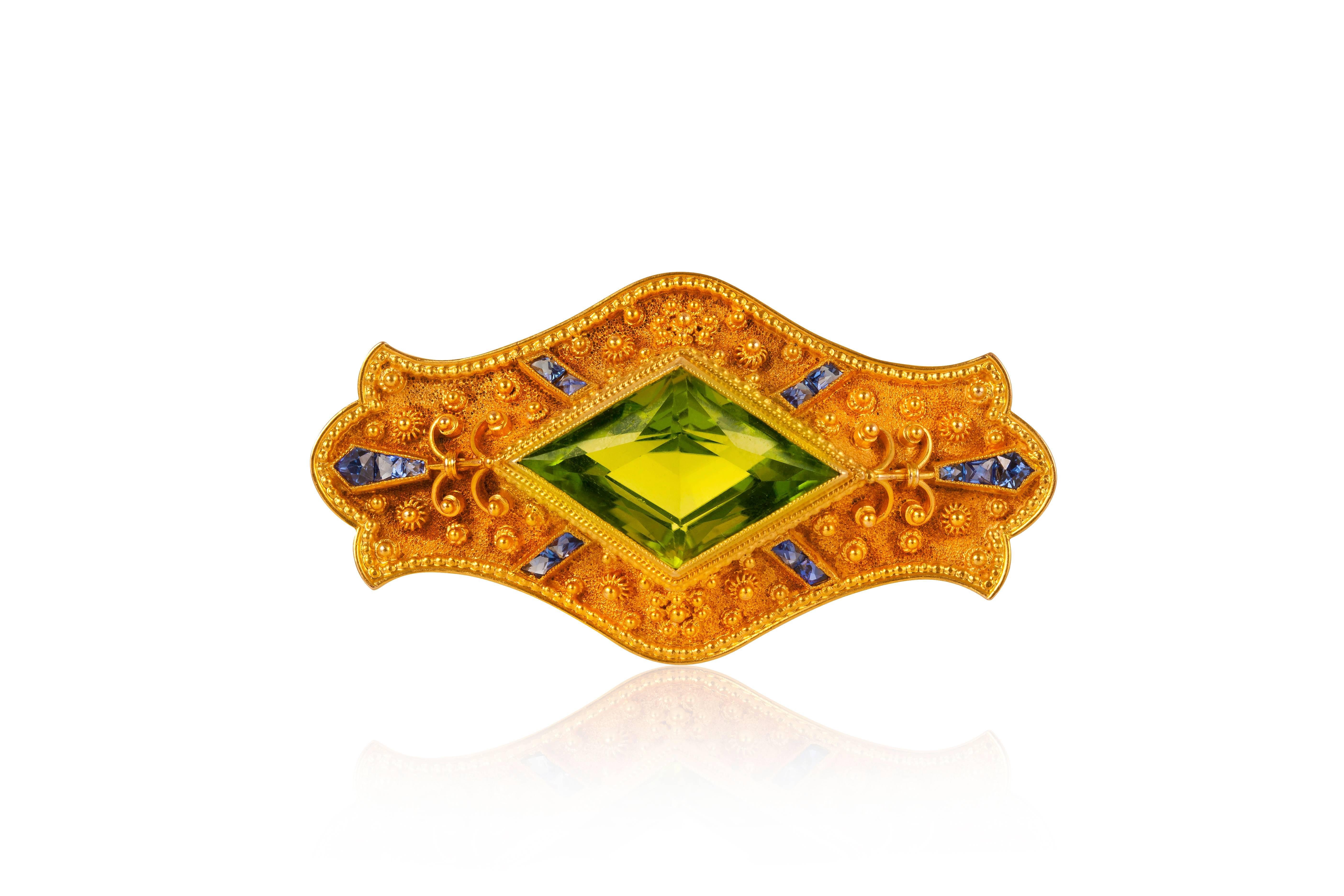 Peridot Sapphire Gold Brooch For Sale