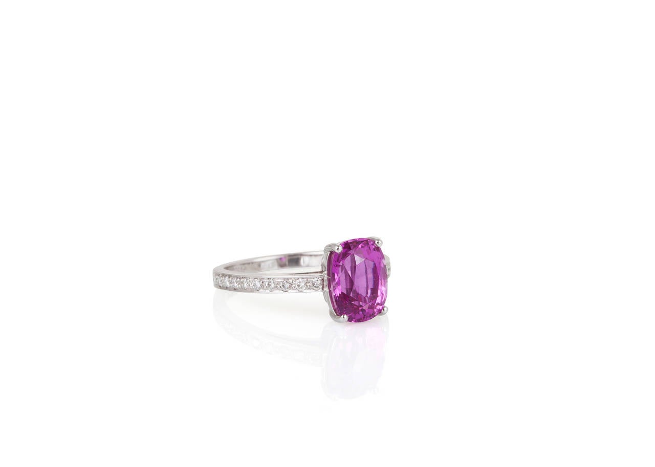 Beautifully crafted, this ring boasts an unheated pink sapphire weighing 3.27 carats and a shank with 0.45 carats of diamond trim, mounted in platinum.