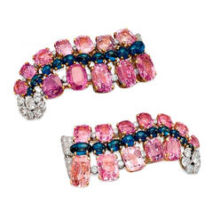 Pink and Blue Sapphire Diamond Gold Platinum Earclips