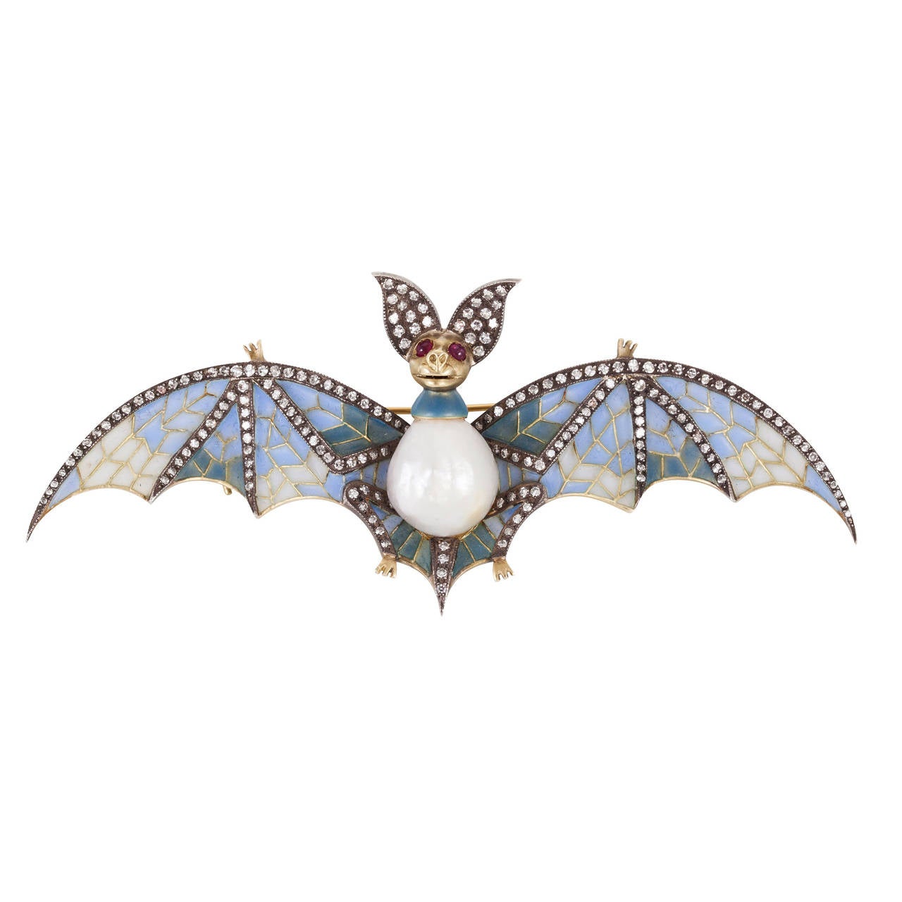 Plique-á-Jour Natural Pearl Bat Brooch