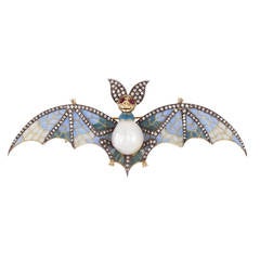 Plique-á-Jour Natural Pearl Bat Brooch