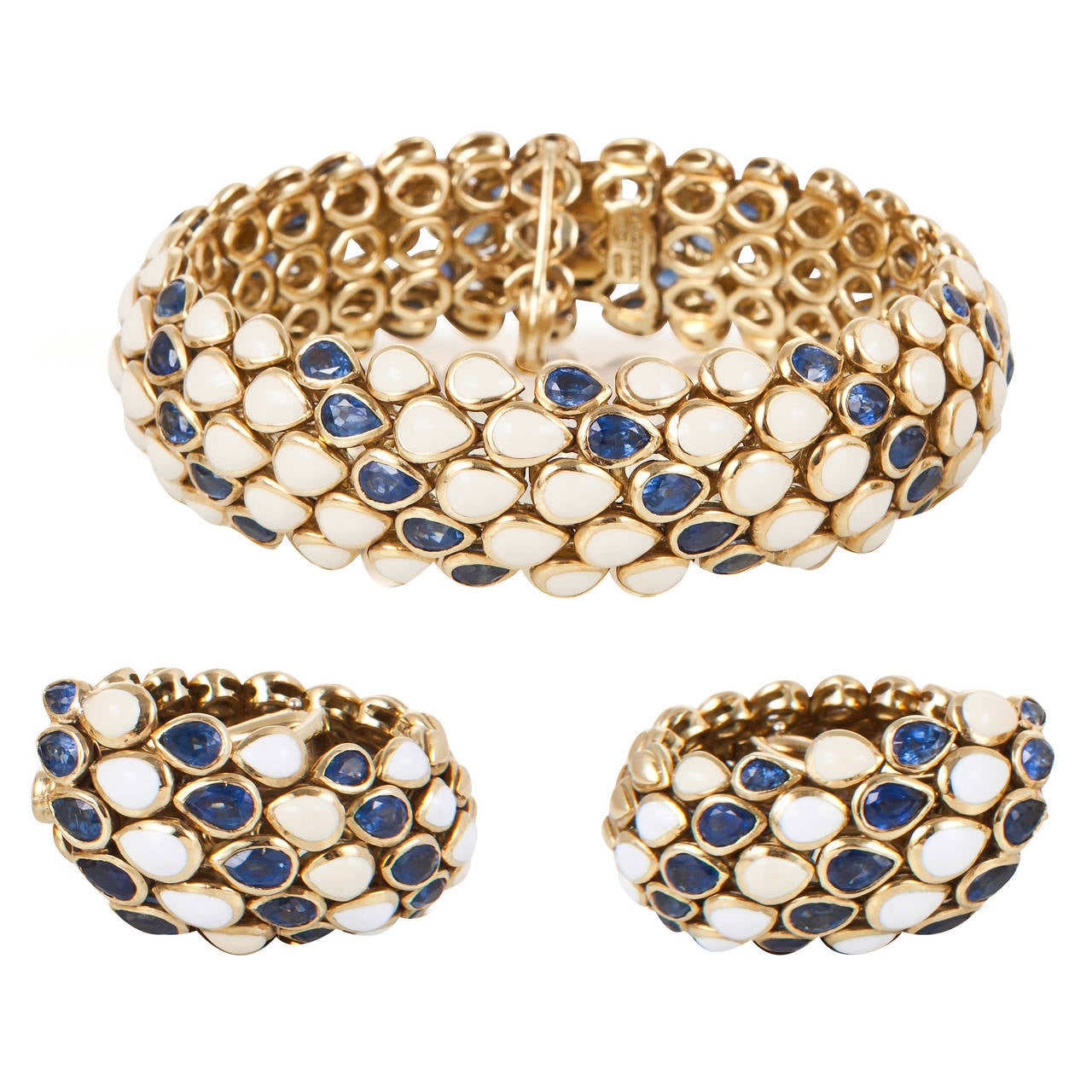 Faraone Enamel Sapphire Gold Bracelet and Earrings For Sale