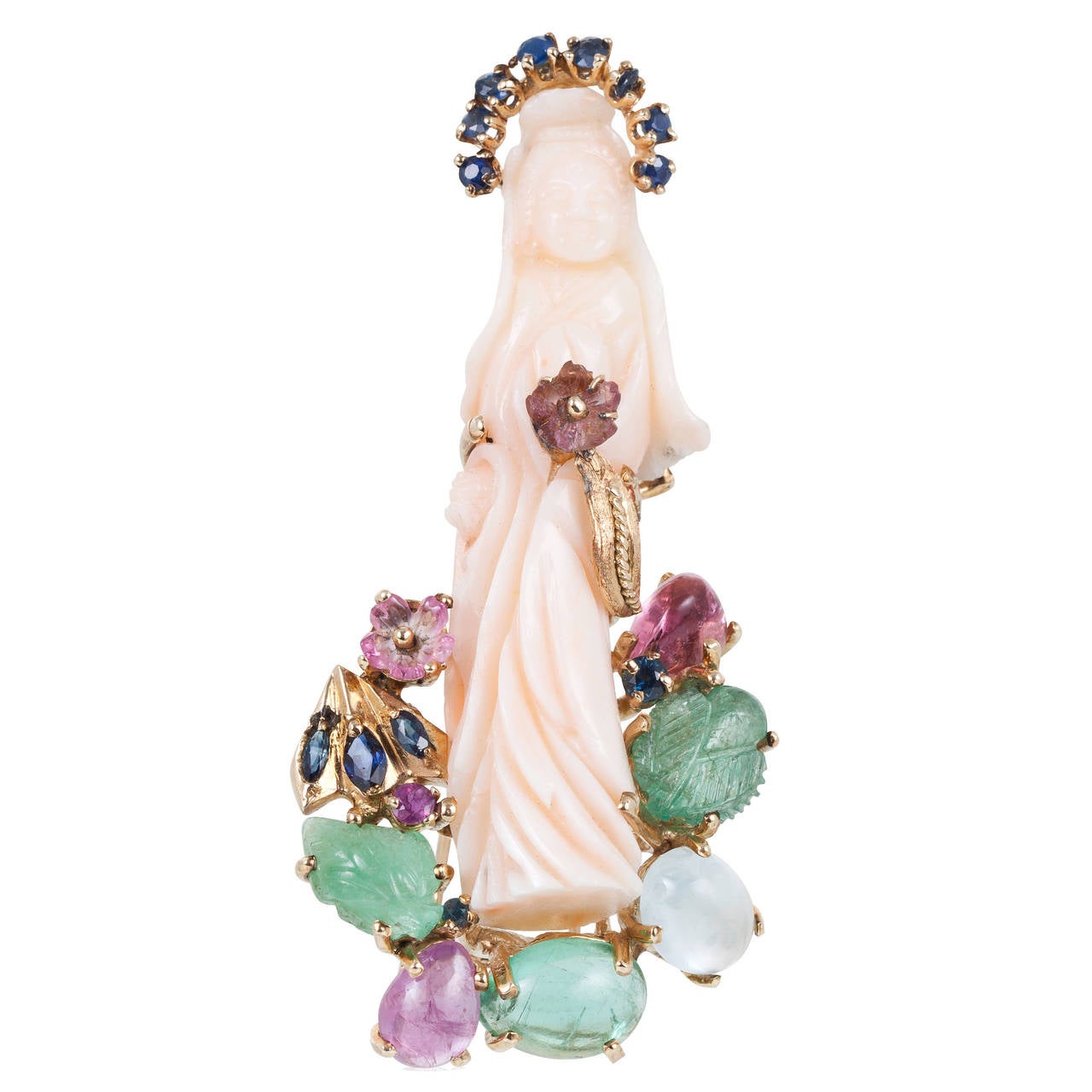 Carved Coral Multicolor Gem Gold Quan yin Brooch For Sale