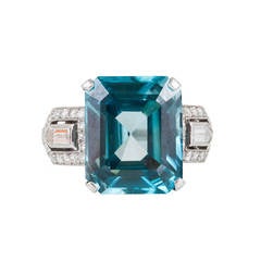 Art Deco Blue Zircon Diamond gold Cocktail Ring