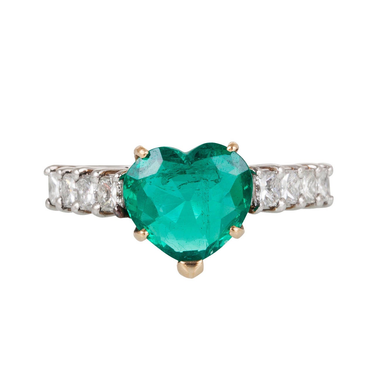 2.60 Carat Heart Shaped Emerald Diamond Gold Platinum Engagement Ring For Sale