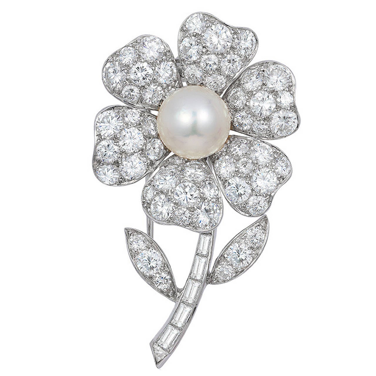 Van Cleef & Arpels Cultured Pearl Diamond Brooch For Sale