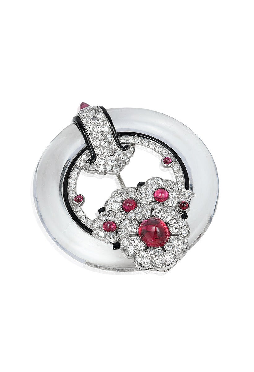 Art Deco Enamel Rock Crystal Ruby Diamond Brooch in the Style of Cartier For Sale