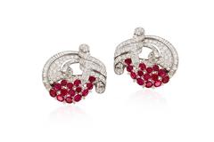Diamond Ruby Double Clips Brooch