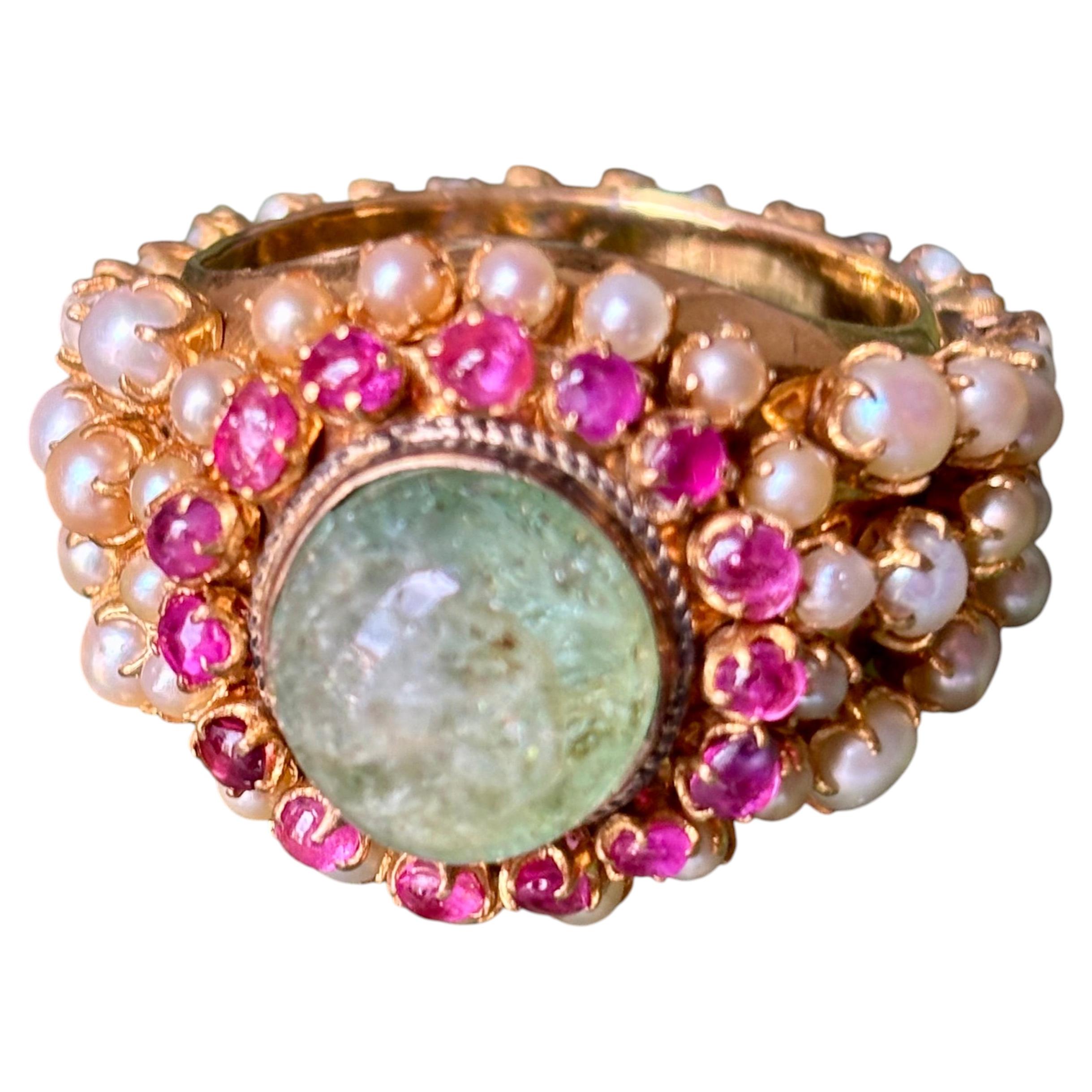 Antique Indian Gentlemen's Emerald Cabochon, Ruby & Seed Pearl Dome Ring — 22K For Sale
