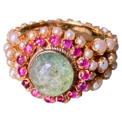 Antique Indian Gentlemen's Emerald Cabochon, Ruby & Seed Pearl Dome Ring — 22K