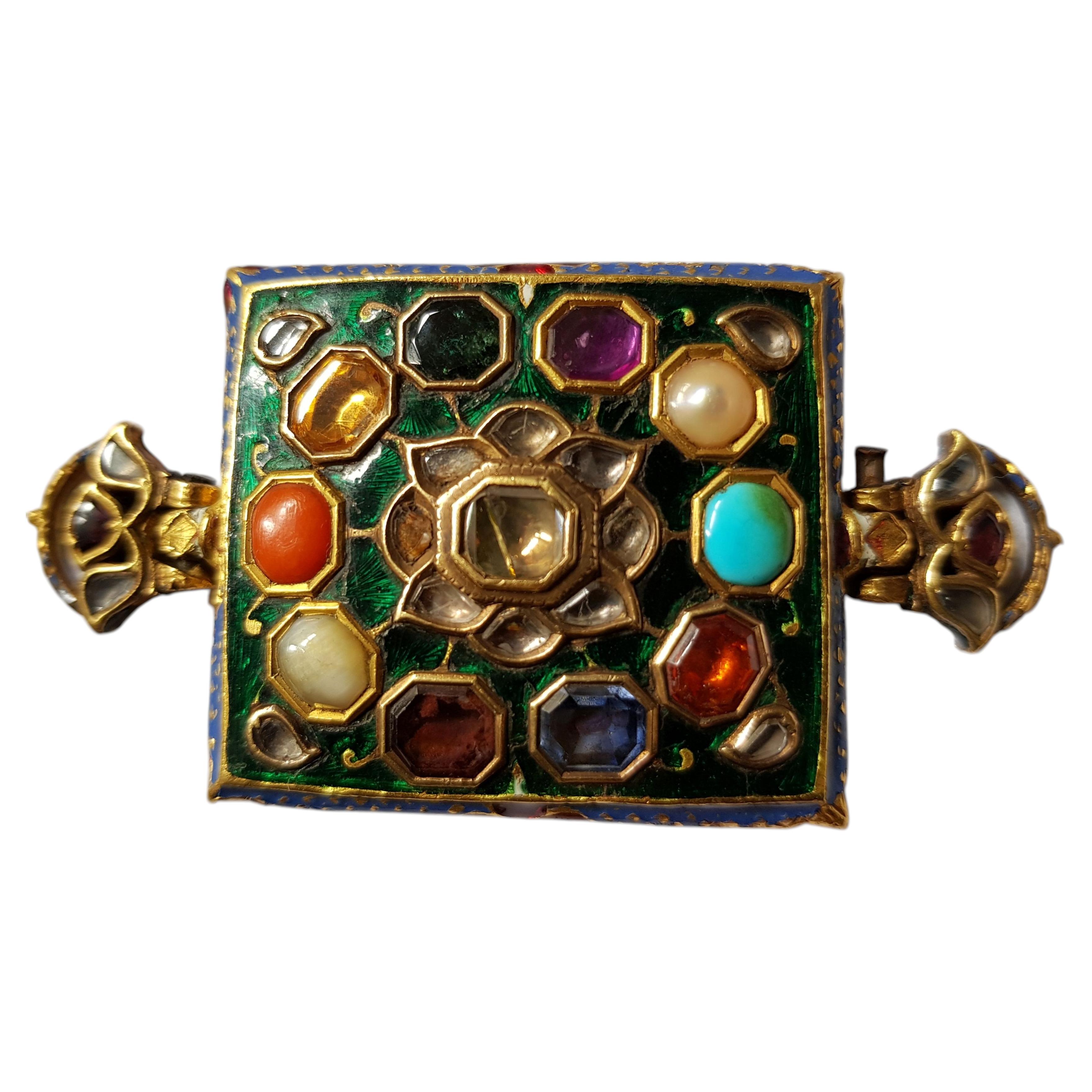 Antique Indian Mughal 22K Gold Navratna Cuff Bracelet, 18th Century
