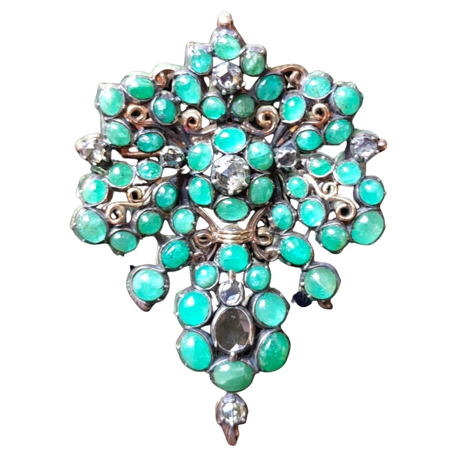 Antique 18th Century Iberian Emerald Cabochon & Rose-Cut Diamond Pendant/Brooch  For Sale