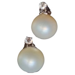 South Sea Pearl and Diamond Dangle Earrings, 18K White Gold, Spain