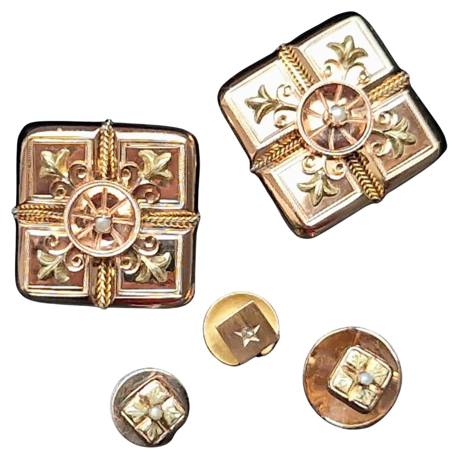 Pair of  Antique French Cufflinks & Studs with Lys Flower design,  19th C (1850) For Sale