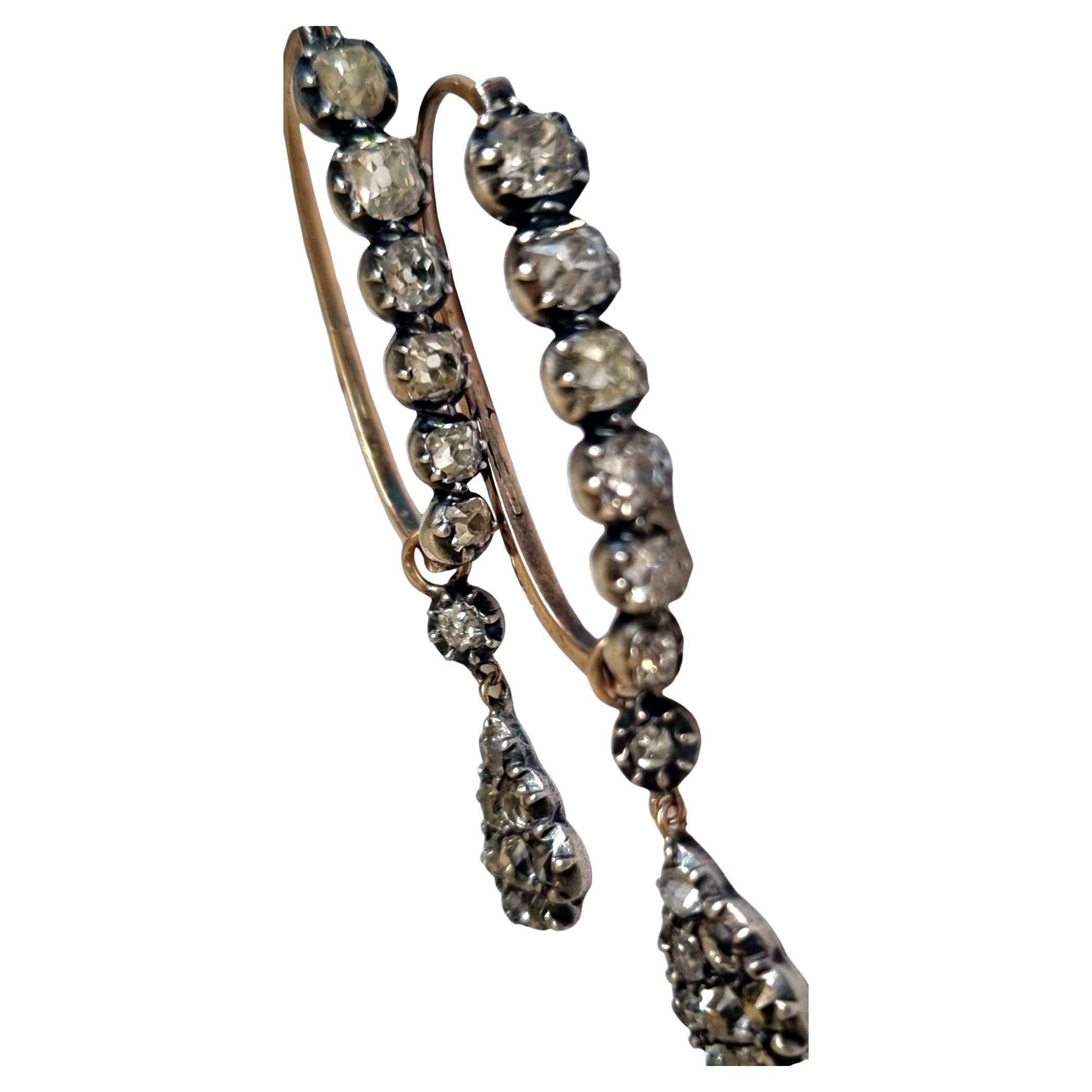 Rare Antique Pair of 19th Century "Poissarde" Diamond Dangle Drop Hoop Earrings. For Sale