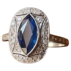 Art Deco Marquise Blue Sapphire and Diamond Ring  mounted in Platinum