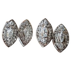 Eleganti gemelli da polso Art Deco Revival con doppio diamante Navette in oro bianco 18 carati