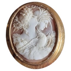 Victorian Hand-Carved Shell Cameo Brooch in 9K Gold, Mytholoical Scene. Ca. 1880