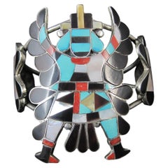 Enorme bracciale vintage Zuni con intarsi a forma di ala di coltello, Annalee Tekala, 6,75"