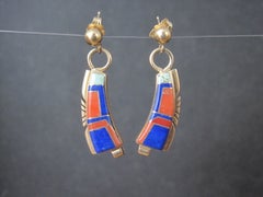 Southwestern Vintage 14K Turquoise Lapis Coral Inlay Earrings