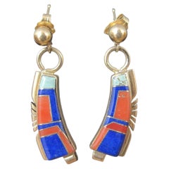 Southwestern Vintage 14K Turquoise Lapis Coral Inlay Earrings