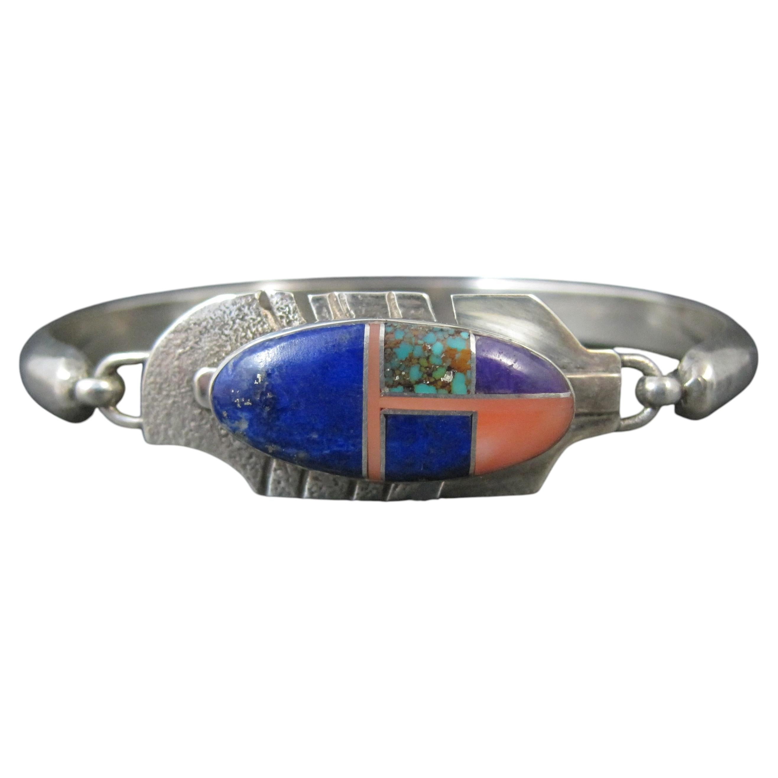 Navajo Sterling Silver Inlaid Feather Bracelet by G Howe, 7 Inches For Sale