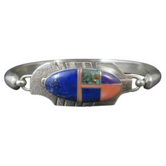 Navajo Sterling Silver Inlaid Feather Bracelet by G Howe, 7 Inches