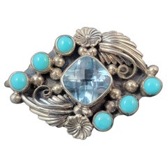 Southwestern Sterling Topaz Turquoise Two Finger Ring Sizes 9 and 8.5