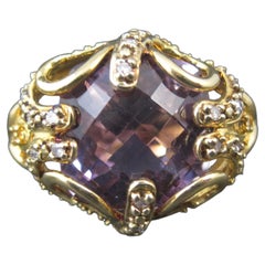 Large Ornate Vermeil Sterling 6 Carat Amethyst Diamond Ring Size 8