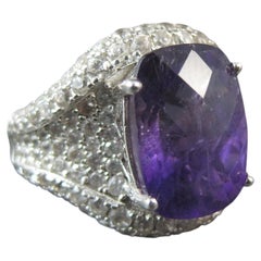 5.50 Carat Amethyst and 3.08 ctw White Zircon Ring in Sterling Silver Size 10