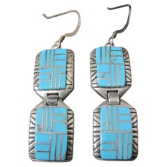 1990s Southwestern Turquoise Inlay Earrings in Sterling Silver