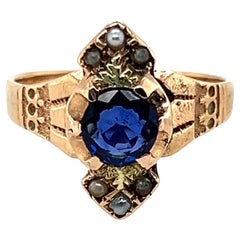Victorian Sapphire Ring .70ct Seed Pearls Original 1860's-1880's Antique 14K
