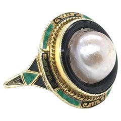 Bague Art déco en or jaune 14 carats avec perles, onyx et émail, années 1920