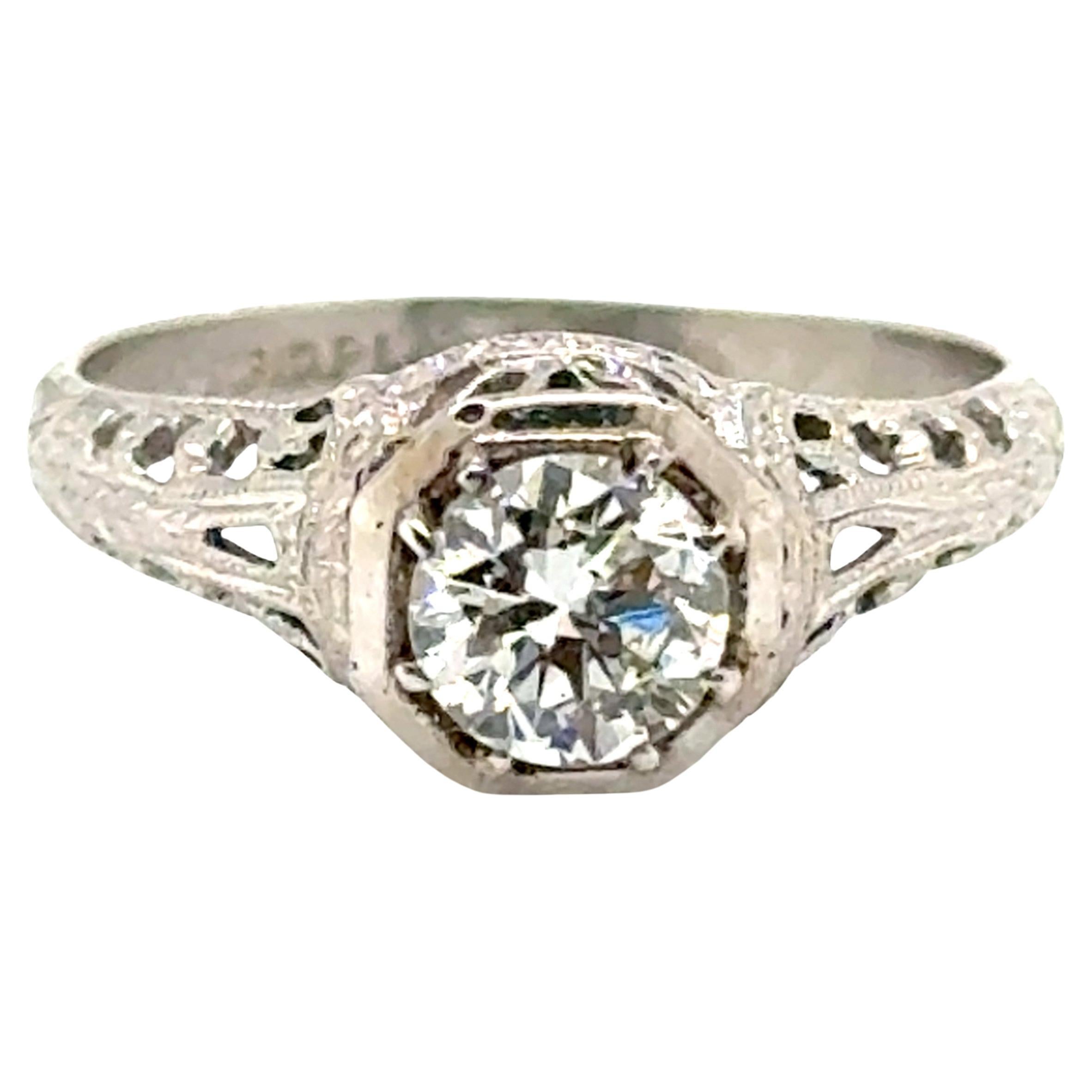 Deco Mined Diamond Engagement Ring .45ct I/SI1 Platinum Genuine 1930s Antique en vente