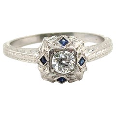 Anello di fidanzamento Deco con diamante e zaffiro, coniato a 0,45 carati, antico degli anni 1920-1930