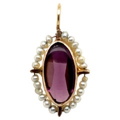 Victorian Amethyst 1ct Pearl Pendant Necklace 14K Gold Antique Original 1880's