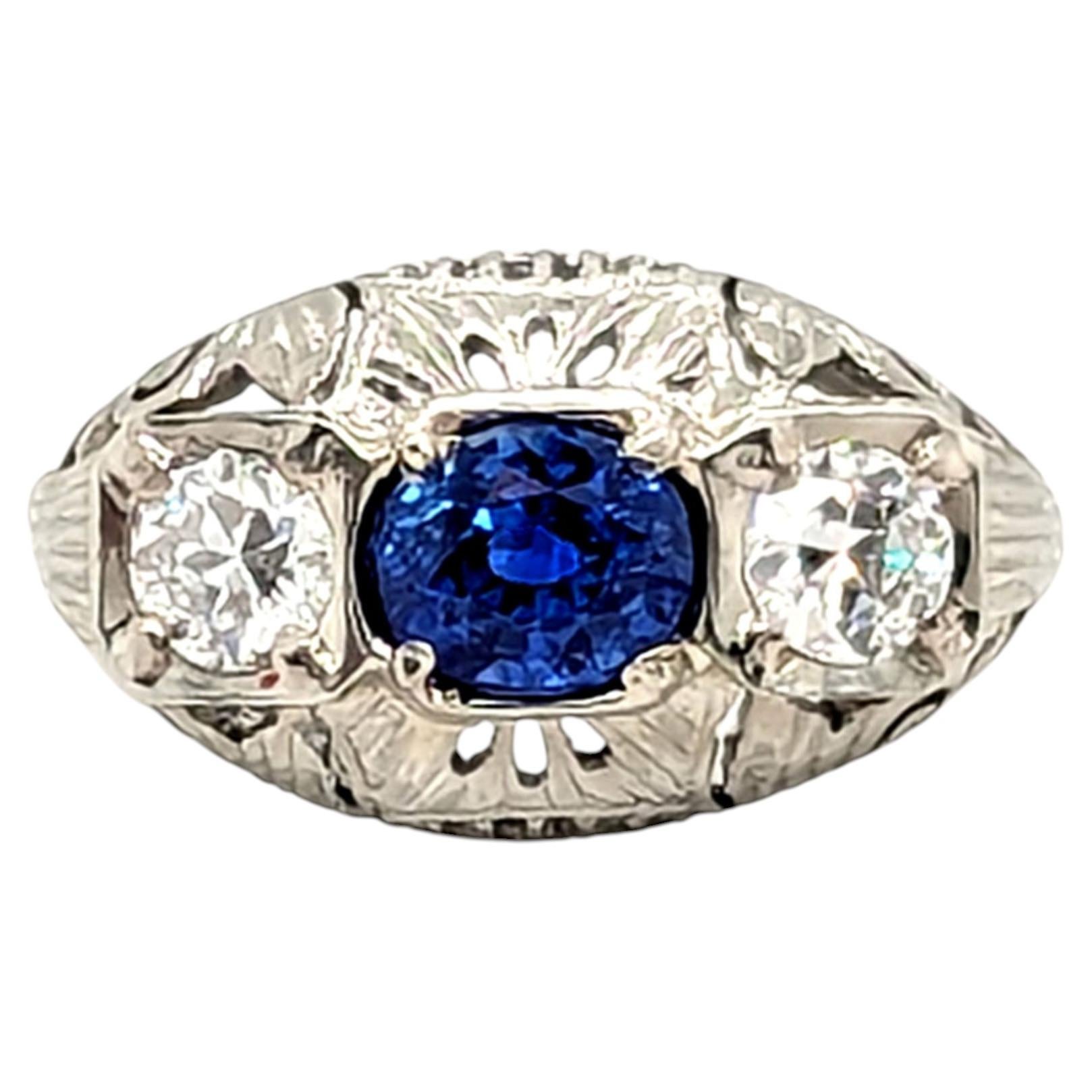 Art Deco Sapphire Diamond 3 Stone Ring Sri Lanka Mined 1.58ct GIA 1920s NOS 18K