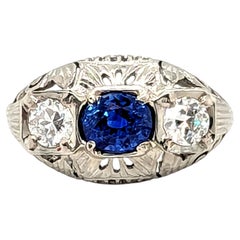 Art Deco Sapphire Diamond 3 Stone Ring Sri Lanka Mined 1.58ct GIA 1920s NOS 18K