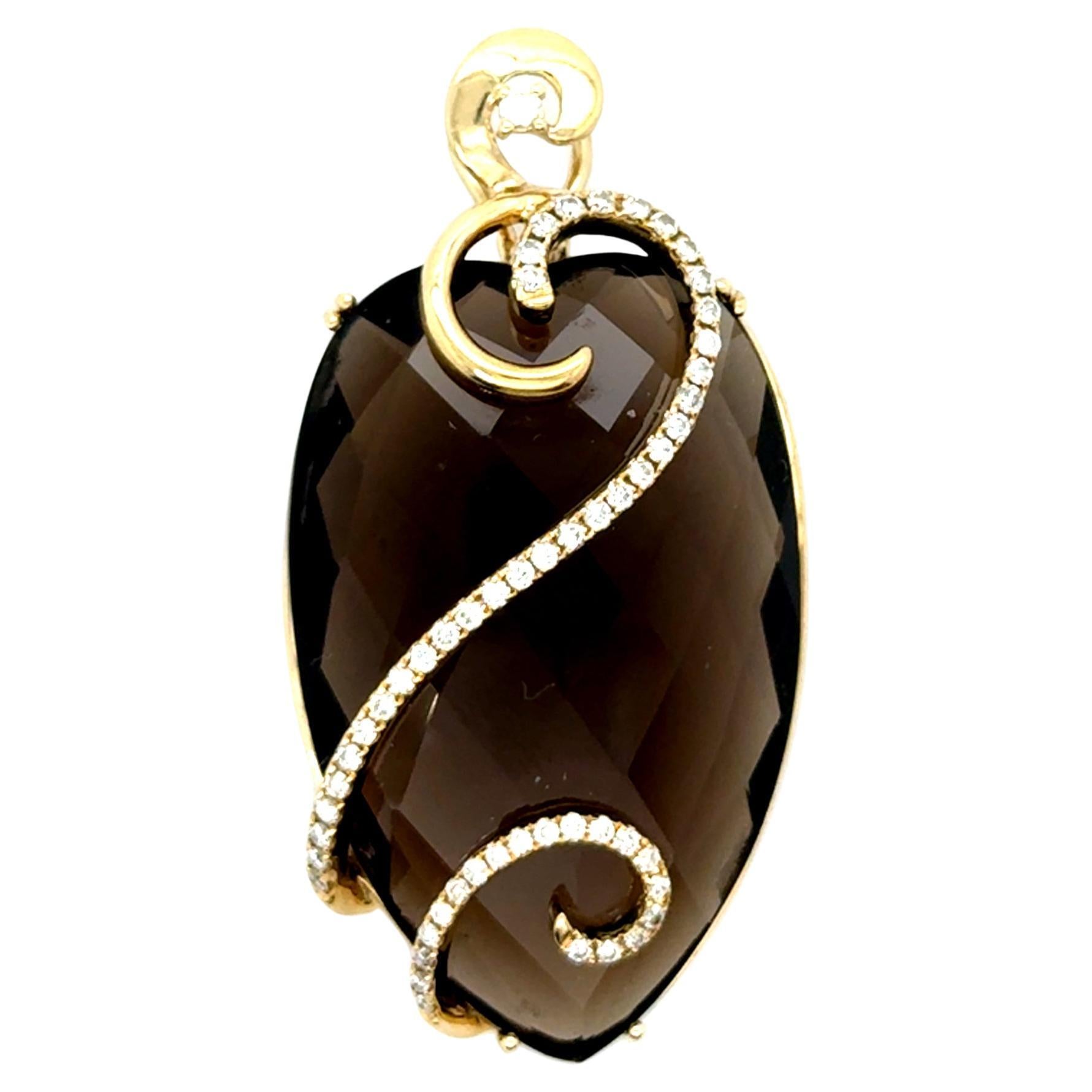 GIANT Pendentif diamant quartz fumé or jaune 14K .44ct Mined Zeghani