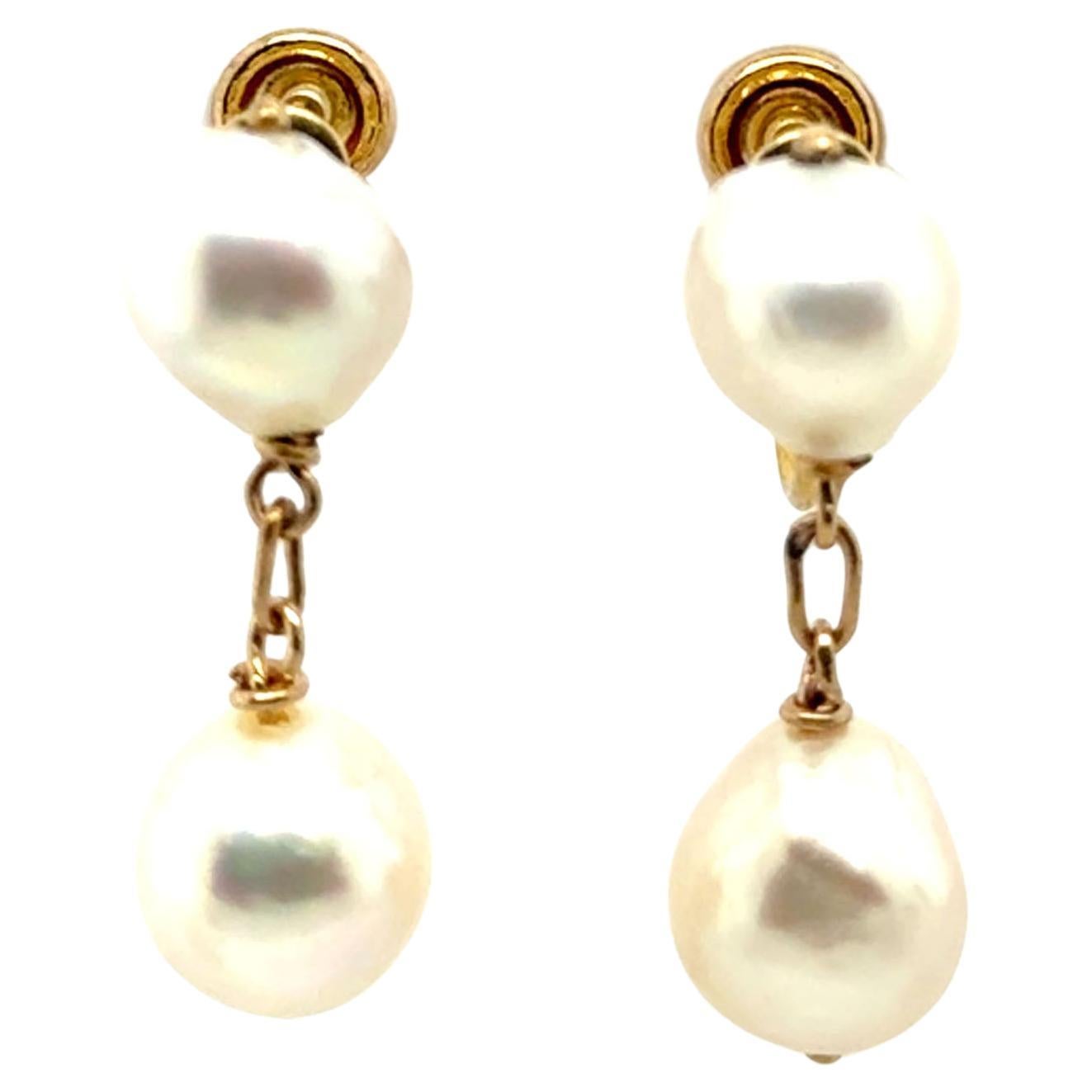 Art Decó Pendientes de perla con clip 14K Oro Amarillo 9mm Antiguo Original Años 40