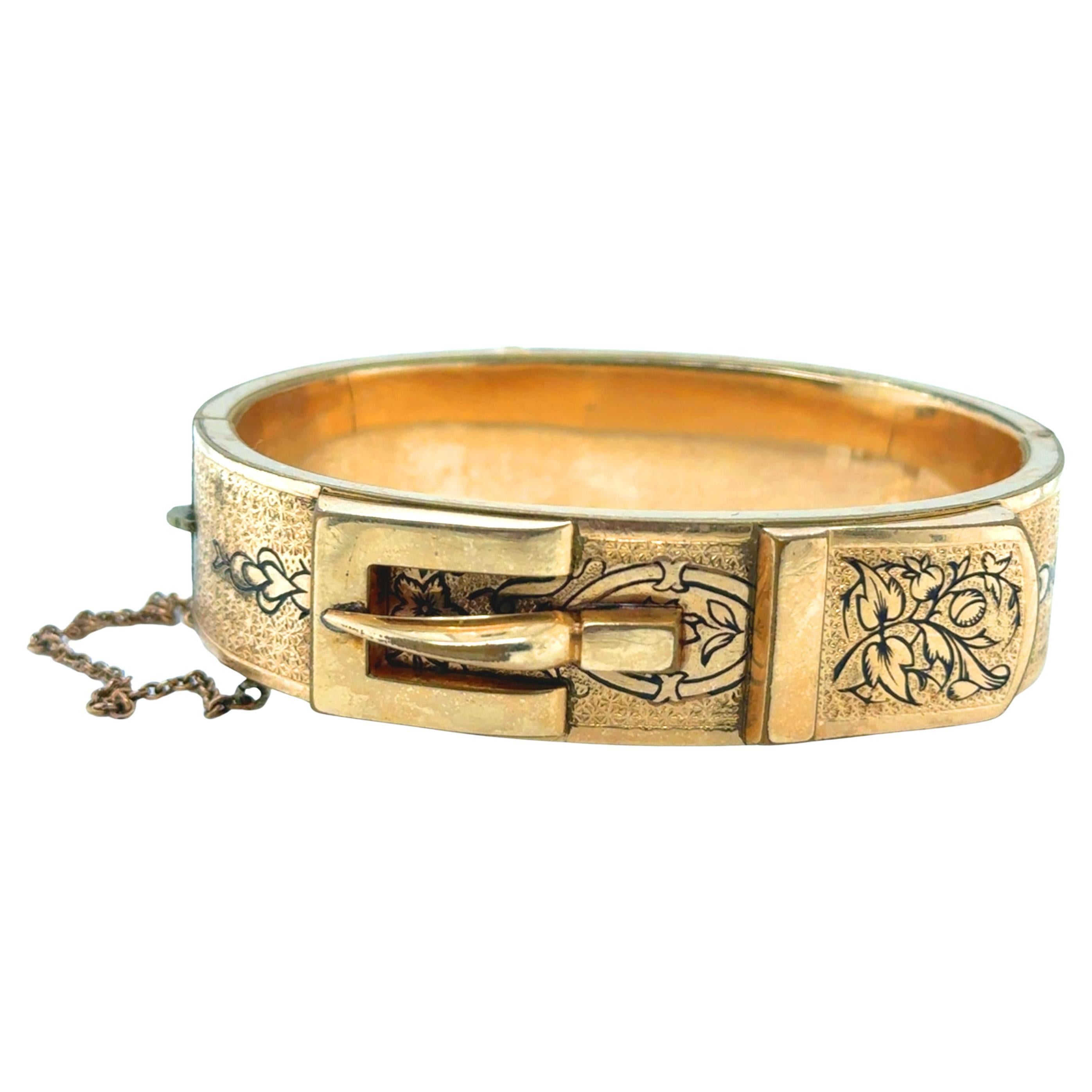 Victorian Buckle Bangle Bracelet Antique Engraved Original 1850's-1870's Size 6
