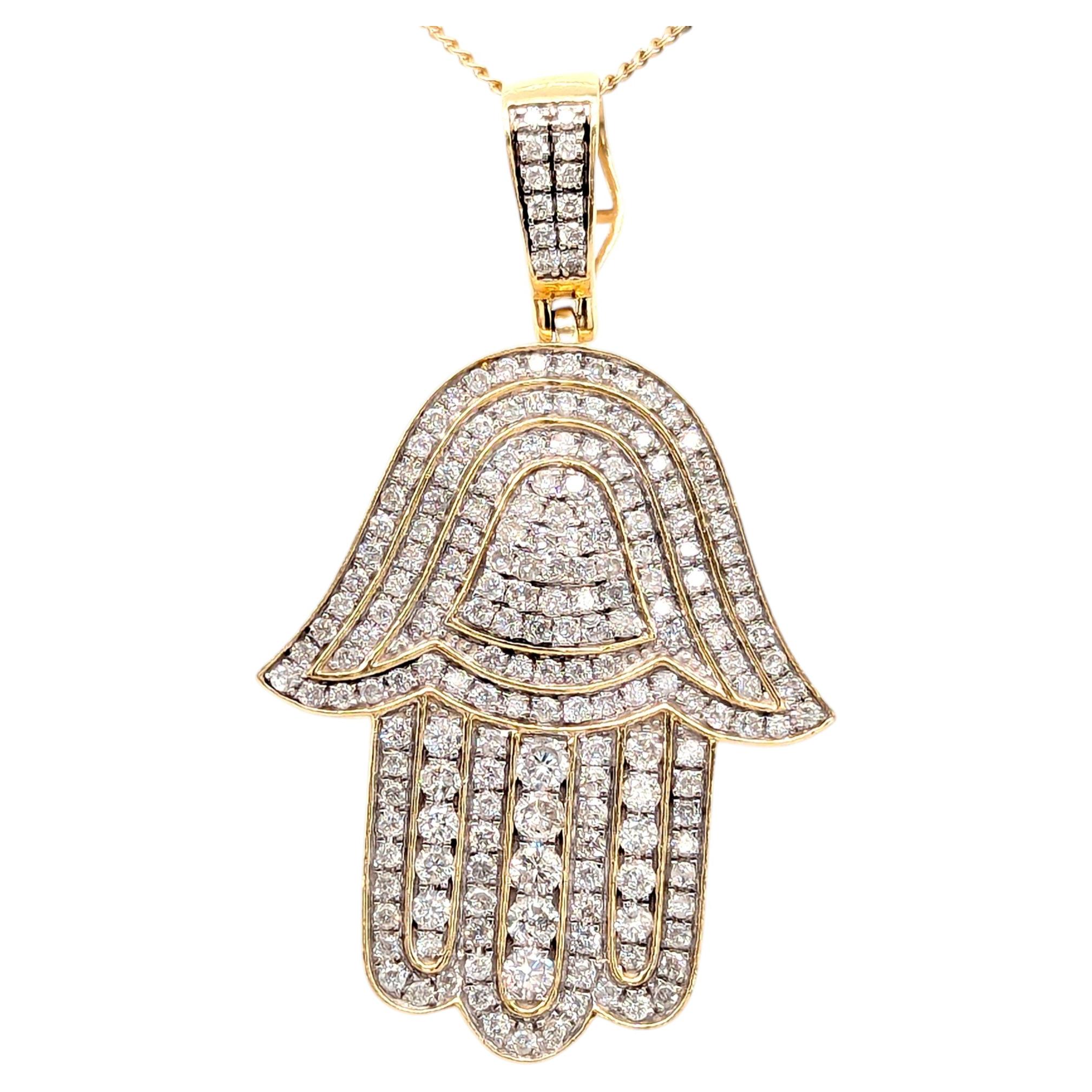 Bling Diamond Hamsa Pendant Necklace Iced Out Mined 3ct 14K Yellow Gold For Sale