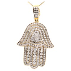 Collana con ciondolo Hamsa con diamanti "Bling", incastonati a vista, 3 carati, oro giallo 14K