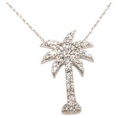 Art Deco Diamond Palm Tree Pendant Necklace Old Euro .50ct 14K White Gold 1920's